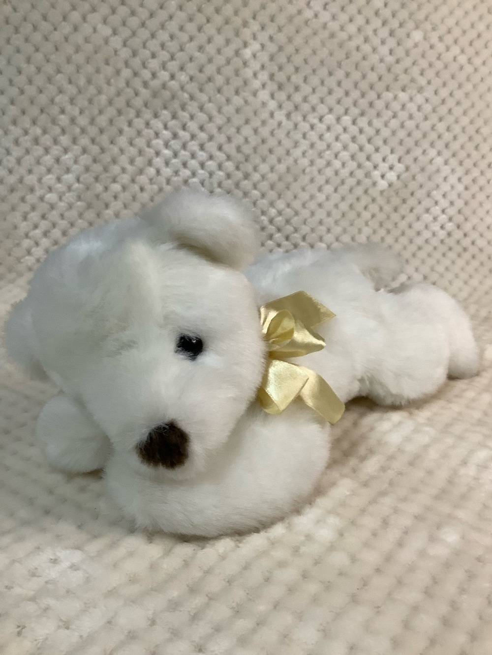 White Plush Laying Down Bear with Yellow Ribbon Bow Stuffed Animal Toy